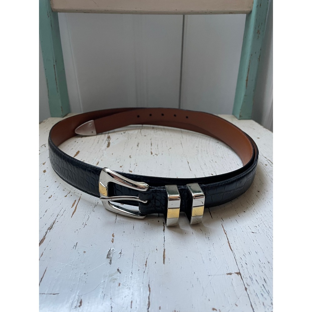 Johnston & Murphy Mens Black Crocodile Embossed Leather Belt Size 44 Two Tone